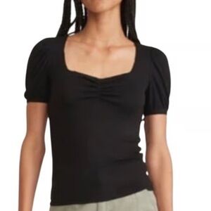Marine Layer Black Ribbed Puff Sleeve Top